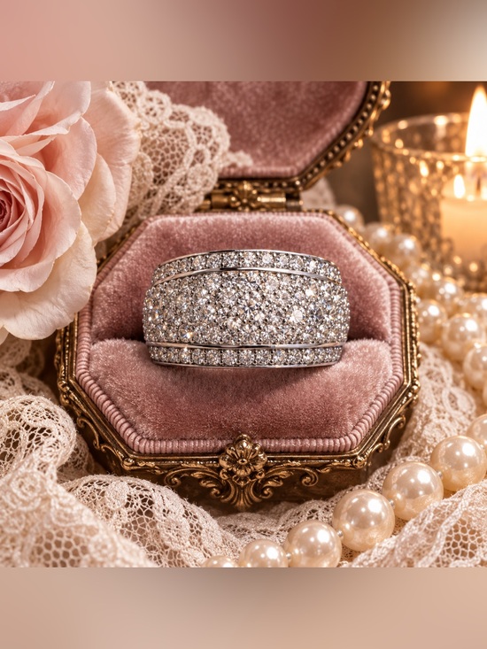 Estate Jewelry - Wide Pavé Crystal Rhinestone Statement Band Ring Silver Tone Size 10